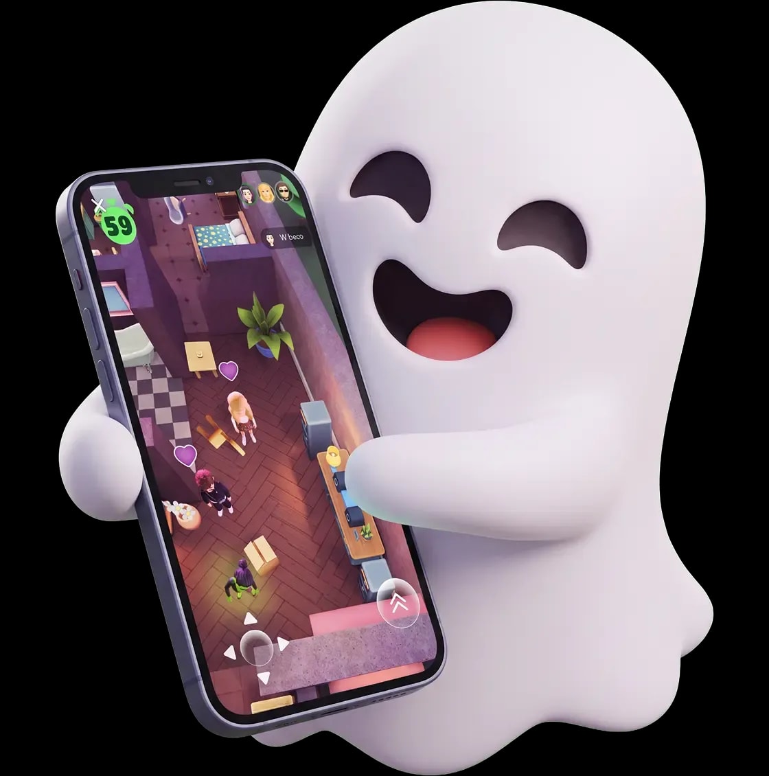 A smiling ghost holding a phone displaying a Snapchat game